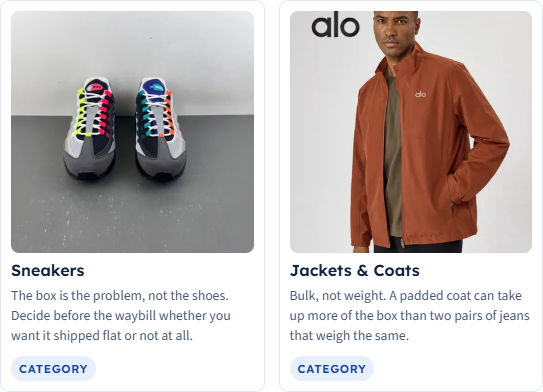 Sneakers and jacket category cards from this HubbuyCN Spreadsheet