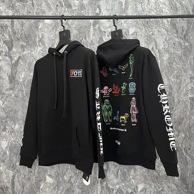 Black zip hoodie product example with hood and printed details