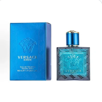 A blue fragrance carton standing beside its glass bottle with a metal cap, on a white background