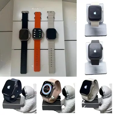 Six views of square faced smartwatches with rubber straps, shown flat on their boxes and upright on charging stands