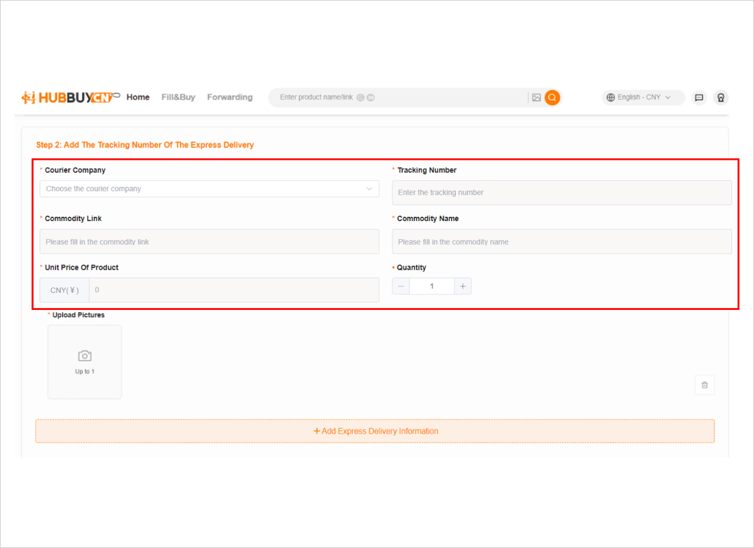 The HubbuyCN forwarding form with required fields for courier company, tracking number, commodity link, unit price and quantity