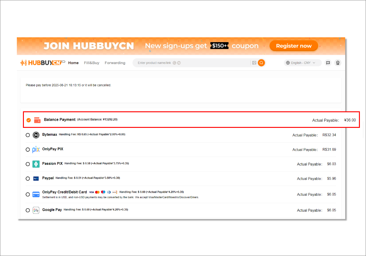 The HubbuyCN payment selection screen listing balance payment, card, wallet and regional payment options with their handling fees